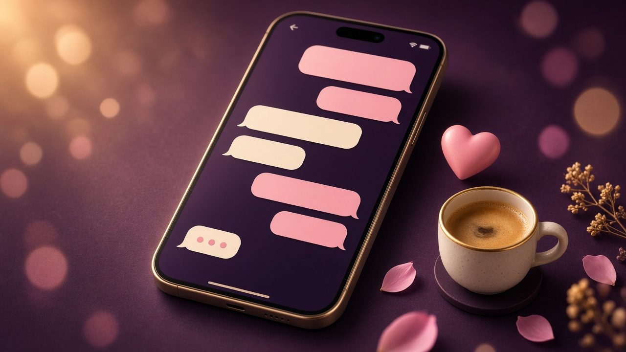 A phone showing a relaxed text conversation with soft pink chat bubbles around it